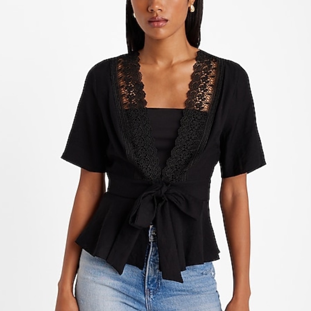 V-Neck Lace Trim Tie Front Peplum Top